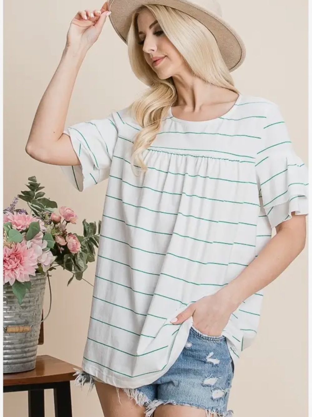 Casual White Striped Ruffle Sleeve Top